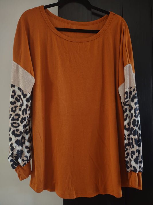 Leopard Sleeve Pumpkin Colored Top