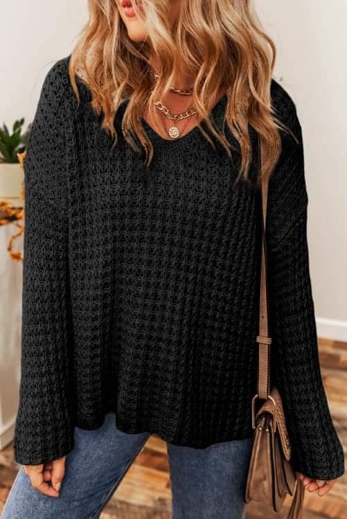 Black Crochet V Neck Sweater