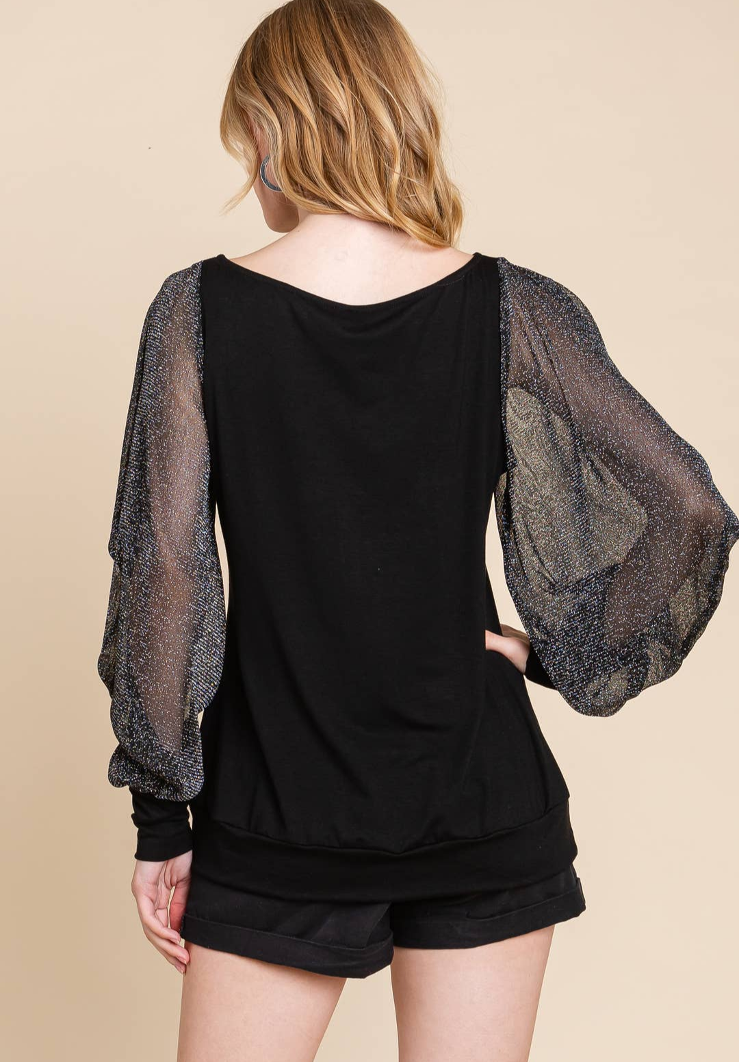 Black Balloon Mesh Sleeves Top