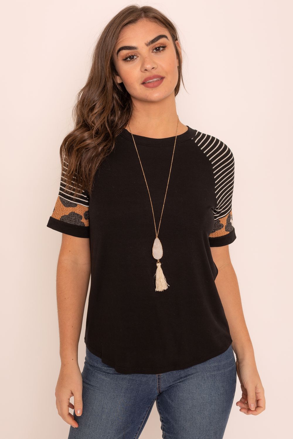 Black and Animal Print Striped Sleeves