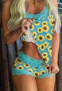 Sunflower Lace Trim Camisole And Shorts Pajamas Set