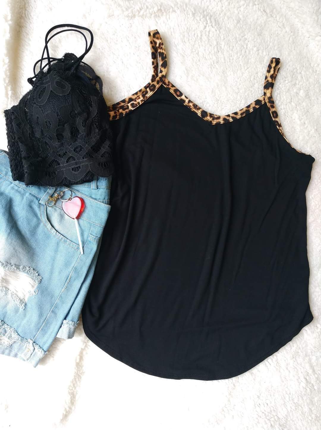 Slinky Black Tank Top with Animal Print Straps