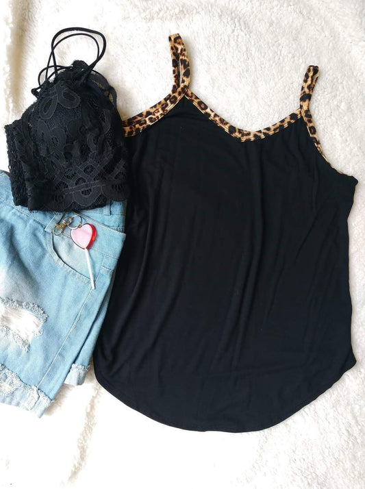 Slinky Black Tank Top with Animal Print Straps