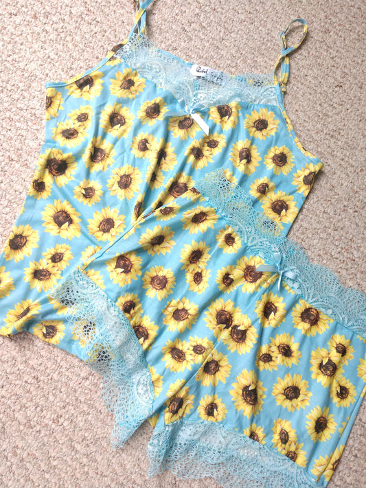 Sunflower Lace Trim Camisole And Shorts Pajamas Set