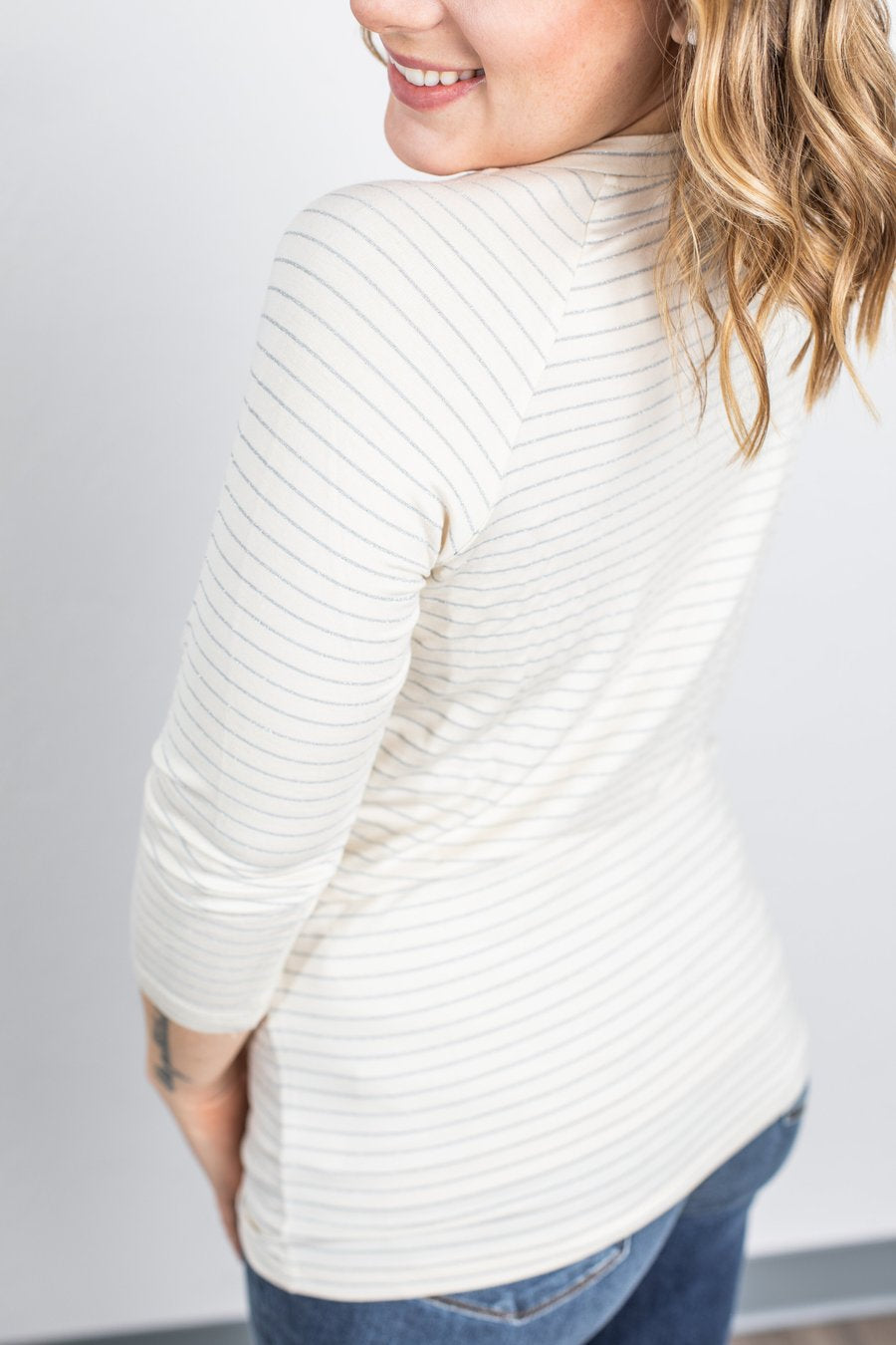 Ivory 3/4 Length Sleeve with Shimmery Silver Stripes