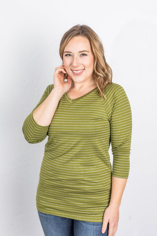 Chartreuse 3/4 Length Sleeve with Shimmery Silver Stripes