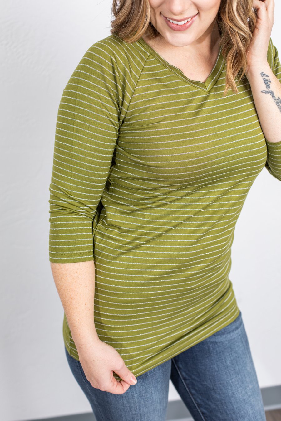 Chartreuse 3/4 Length Sleeve with Shimmery Silver Stripes