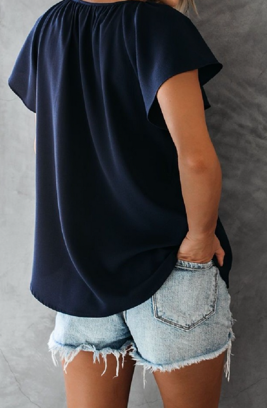 Black Flutter Sleeve V-neck