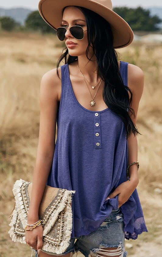 Round Neckline Tank Top With Lace Hemline