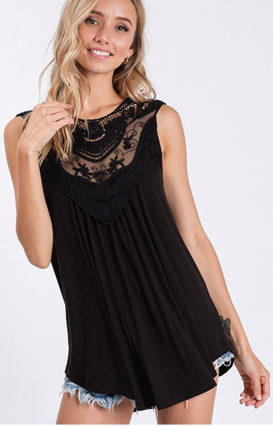 Black Lace Neckline Tank Top