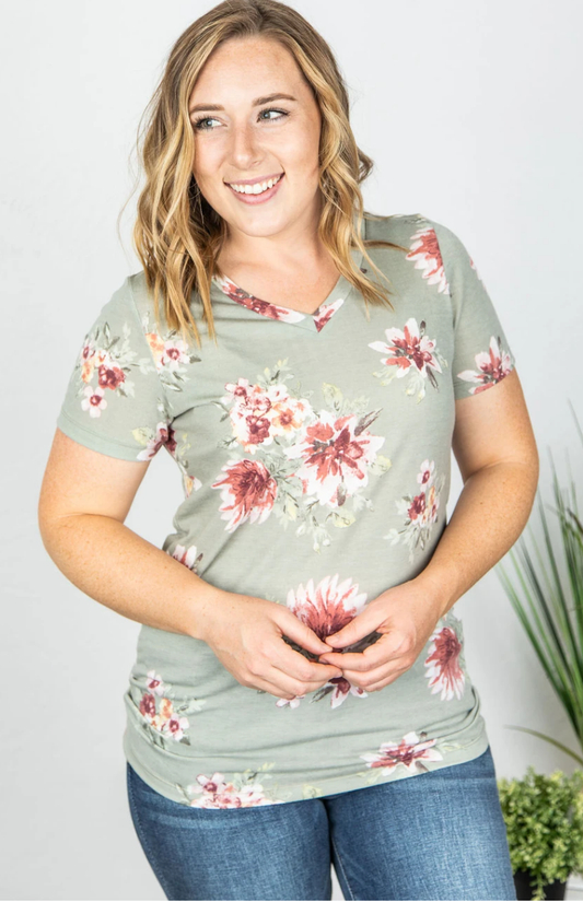 Floral Sage Olivia V-neck Tee