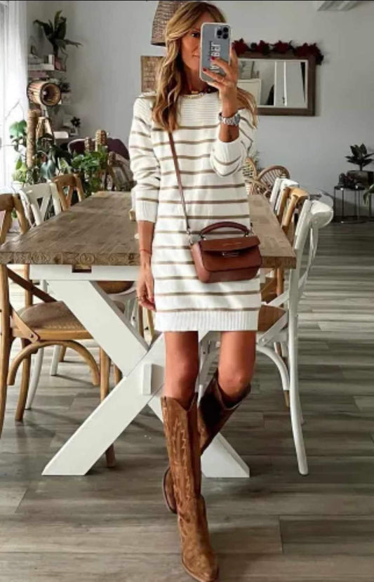 Brown Stripe Sweater Dress
