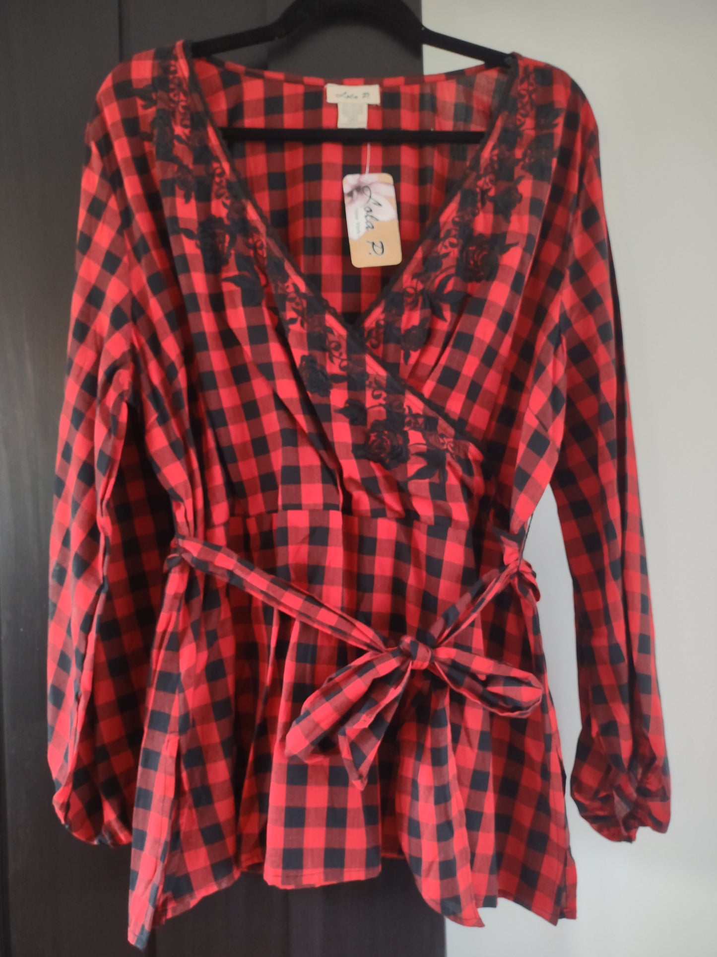 Black & Red Plaid Top With Embroidered Neckline