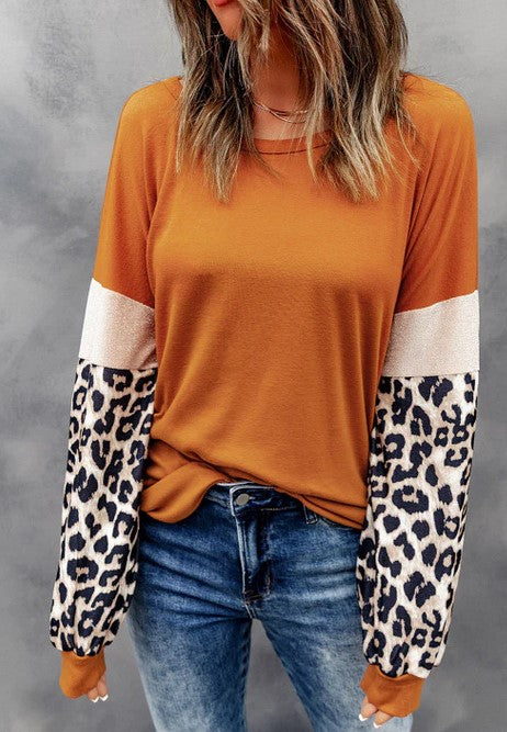 Leopard Sleeve Pumpkin Colored Top