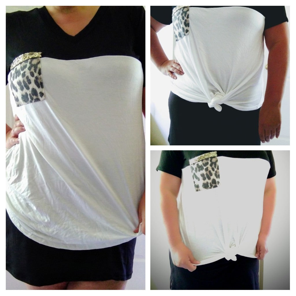 Black & Ivory V-neck with Animal Print Pocket