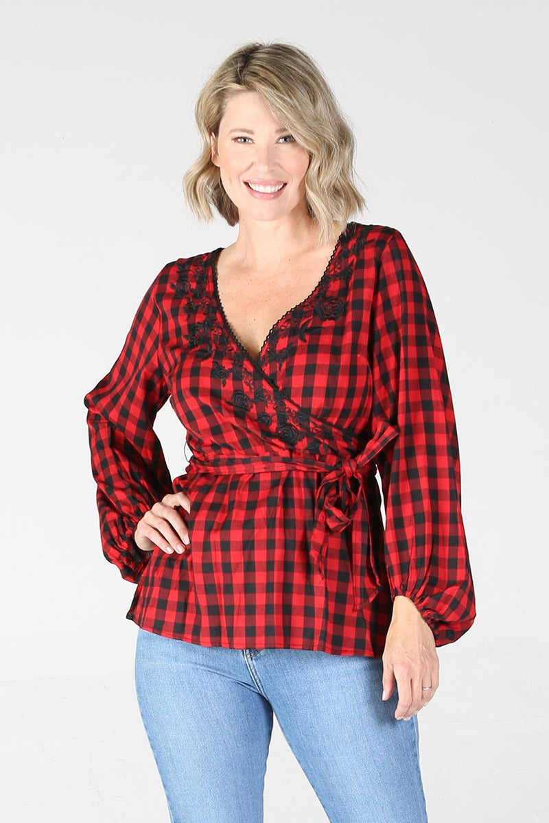 Black & Red Plaid Top With Embroidered Neckline