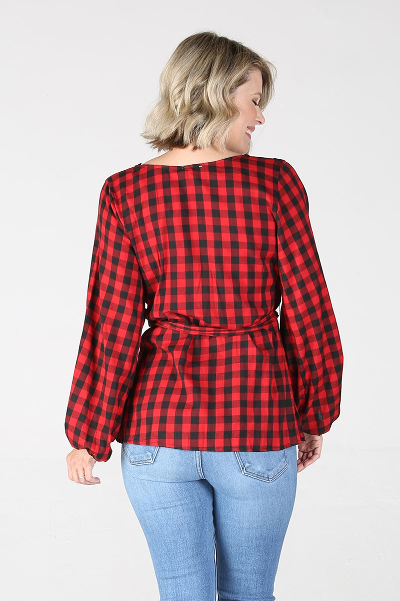 Black & Red Plaid Top With Embroidered Neckline