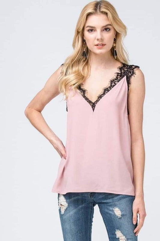 Pink & Black Lace Trimmed Tank Top