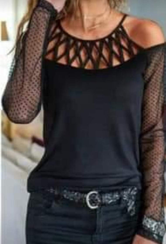 Black Top with Lace Sleeves & Cold Shoulder