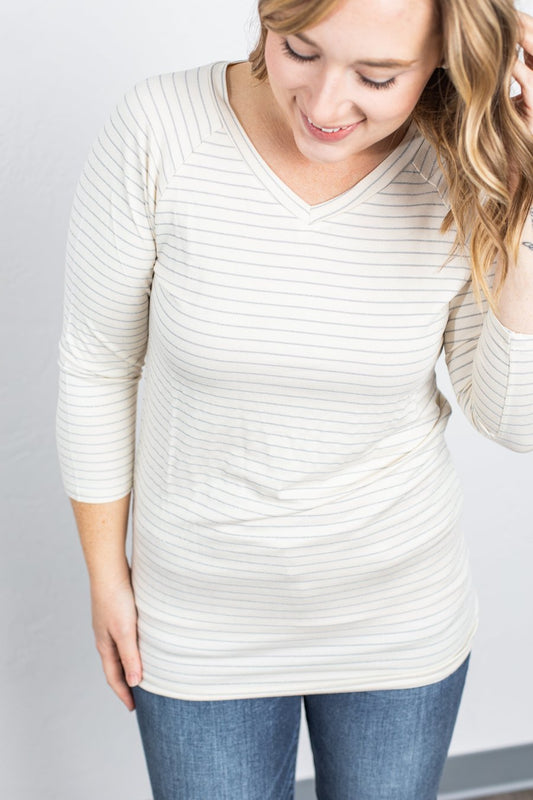 Ivory 3/4 Length Sleeve with Shimmery Silver Stripes