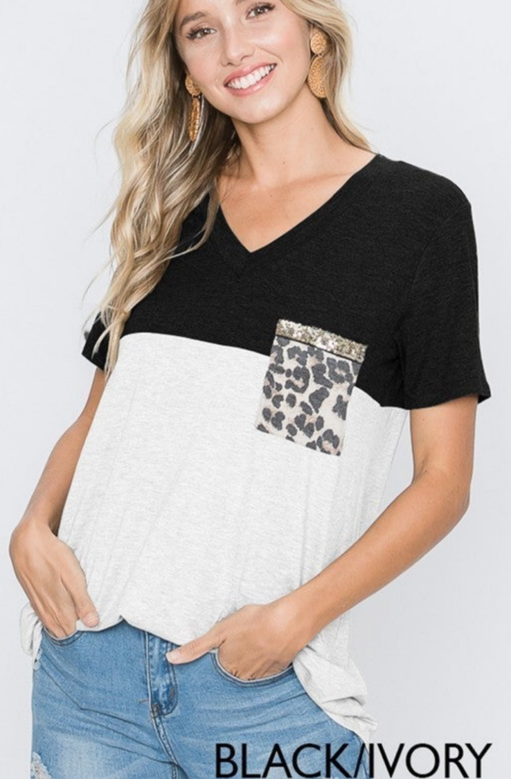 Black & Ivory V-neck with Animal Print Pocket